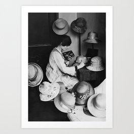 Hat Maker, Black and White Vintage Woman Portrait Art Print