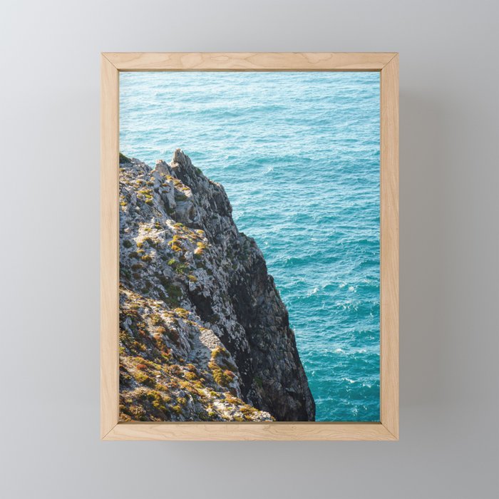 Cliff at the beautiful blue azure ocean of Cape St. Vincent, Portugal | Natural colors.  Framed Mini Art Print