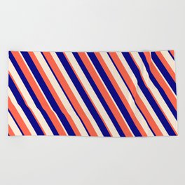 [ Thumbnail: Red, Blue & Beige Colored Striped Pattern Beach Towel ]