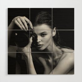 The girl in the camera black and white fashion glamour beautiful portrait photograph Wood Wall Art