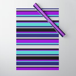 [ Thumbnail: Colorful Dark Violet, Turquoise, Midnight Blue, Light Gray & Black Colored Striped/Lined Pattern Wrapping Paper ]