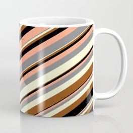 [ Thumbnail: Colorful Light Salmon, Grey, Light Yellow, Brown, and Black Colored Stripes Pattern Coffee Mug ]