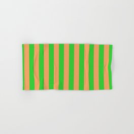 [ Thumbnail: Lime Green & Brown Colored Lined Pattern Hand & Bath Towel ]