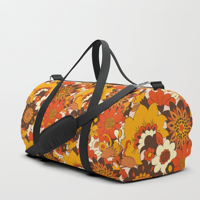 Retro 70s Flower Power, Floral, Orange Brown Yellow Psychedelic Pattern Duffle Bag