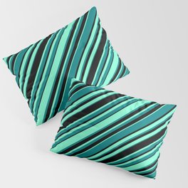 [ Thumbnail: Aquamarine, Teal, and Black Colored Pattern of Stripes Pillow Sham ]