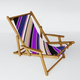 [ Thumbnail: Eye-catching Tan, Dark Violet, Beige, Black, and Midnight Blue Colored Lined/Striped Pattern Sling Chair ]