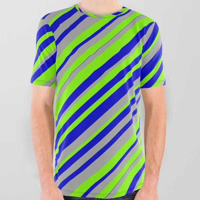Chartreuse, Blue, and Dark Gray Colored Lined Pattern All Over Graphic Tee