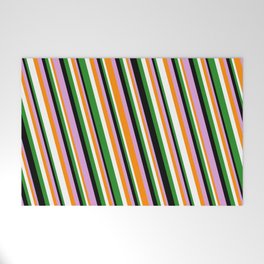 [ Thumbnail: Eye-catching Forest Green, Black, Plum, Dark Orange, and White Colored Striped Pattern Welcome Mat ]