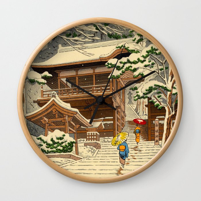 Asano Takeji Snow In Yuki Shrine Vintage Japanese Woodblock Print East Asian Beautiful Art Wall Clock