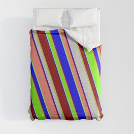 [ Thumbnail: Eyecatching Light Gray, Blue, Dark Red, Salmon & Green Colored Lines Pattern Comforter ]