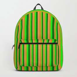 [ Thumbnail: Brown, Goldenrod, Lime, and Green Colored Striped/Lined Pattern Backpack ]