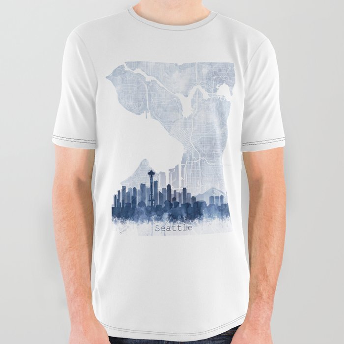 Seattle Skyline & Map Watercolor Navy Blue, Print by Zouzounio Art All Over Graphic Tee