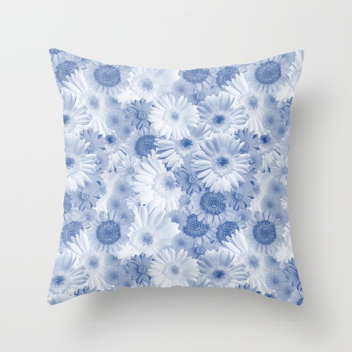 Pastel Cyanotype Mixed Gerbera Daisies Oil Painted Floral Throw Pillow