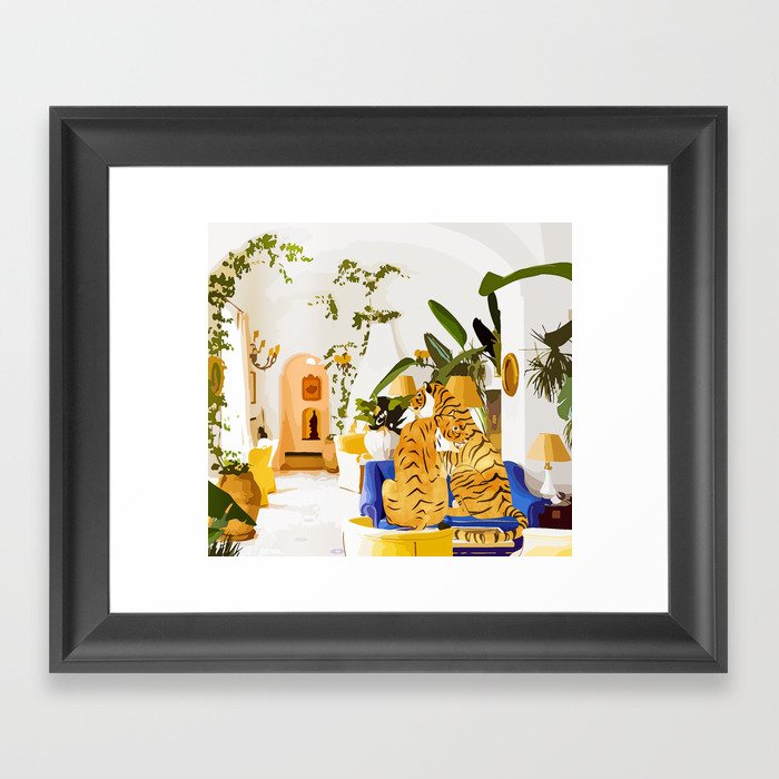 Tiger Reserve Villa | Bohemian Tropical Jungle Décor | Pastel Honeymoon Couple Love Wildlife Framed Art Print
