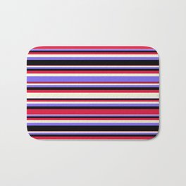 [ Thumbnail: Beige, Medium Slate Blue, Black, and Crimson Colored Pattern of Stripes Bath Mat ]
