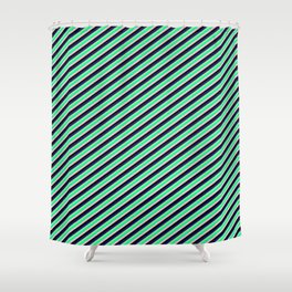 [ Thumbnail: Eye-catching Midnight Blue, Light Green, Green, Pink & Black Colored Lined Pattern Shower Curtain ]