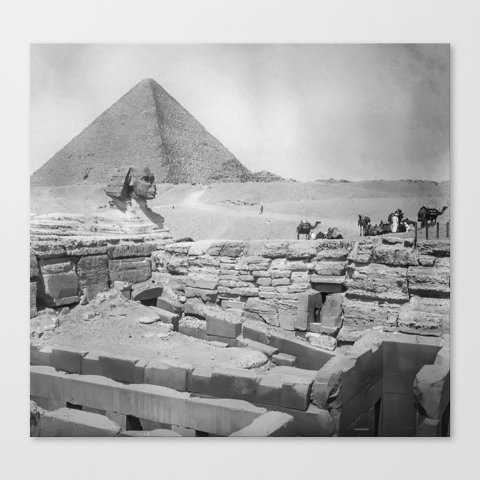 Sphinx, Pyramid, and Ruins, Giza, Egypt black and white photography - black and white photographs Canvas Print