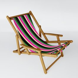[ Thumbnail: Vibrant Deep Pink, Beige, Black, Forest Green, and Orchid Colored Lines Pattern Sling Chair ]