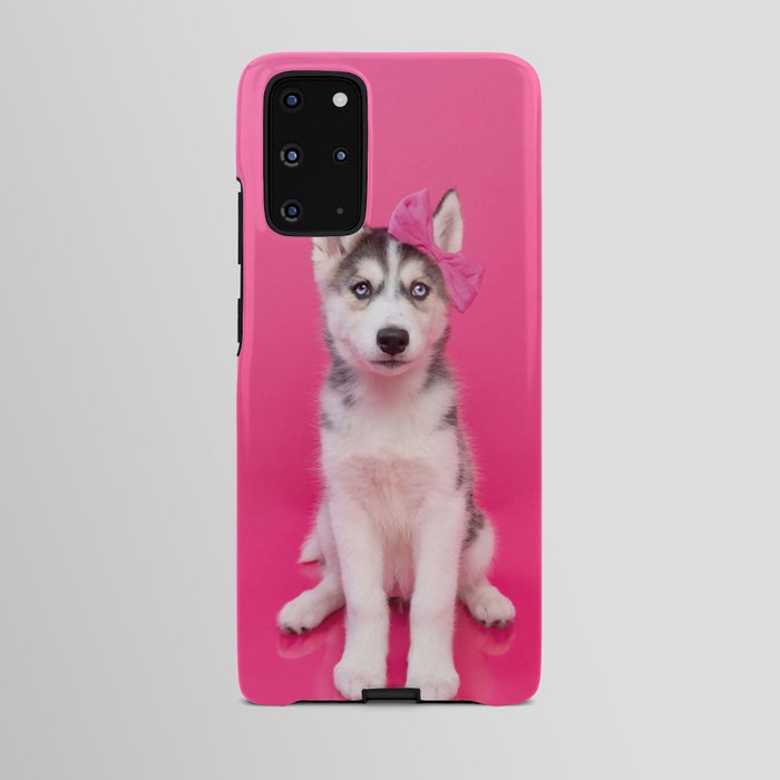 Siberian Husky Puppy Pink Bow Background 115 Android Case by