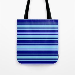 [ Thumbnail: Blue and Sky Blue Colored Stripes/Lines Pattern Tote Bag ]
