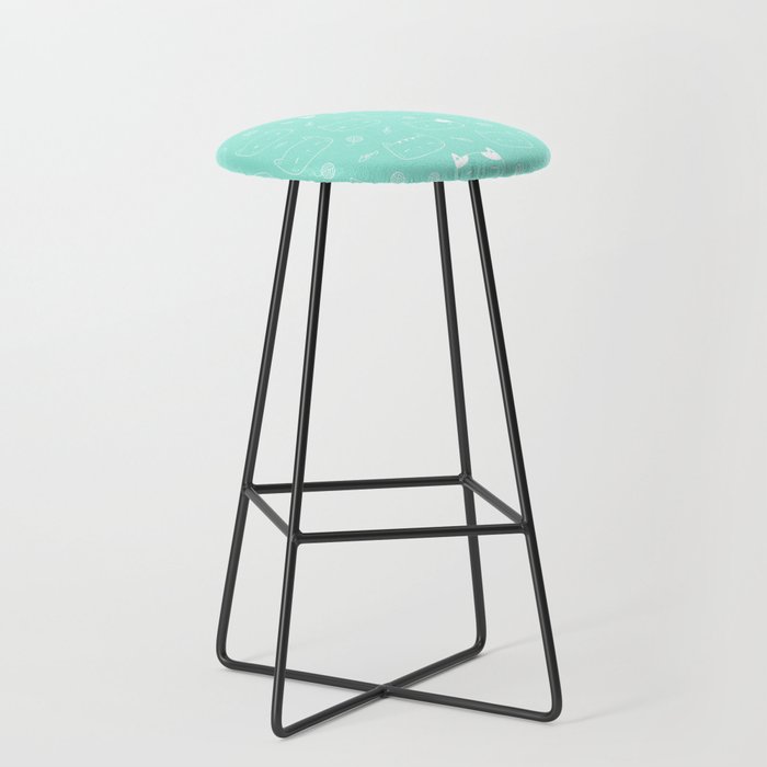 Seafoam and White Doodle Kitten Faces Pattern Bar Stool