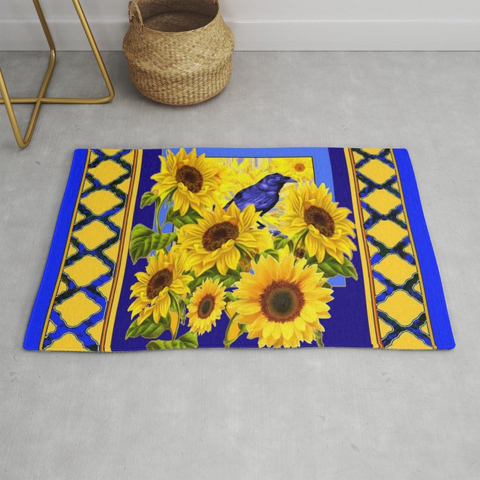 Blue Crow Yellow Sunflowers Blue Lattice Rug By Sharlesart Society6
