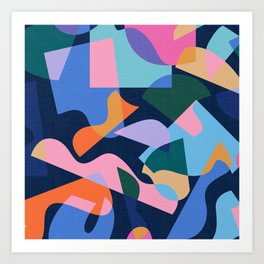80's Summer Holiday Abstraction / Cut-Out Shapes on Navy Blue Art Print