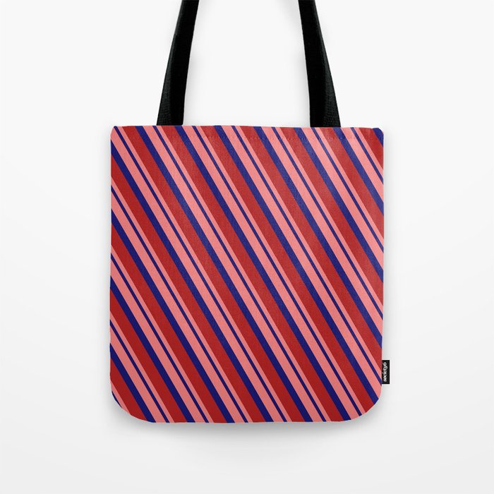 Light Coral, Midnight Blue, and Red Colored Stripes/Lines Pattern Tote Bag