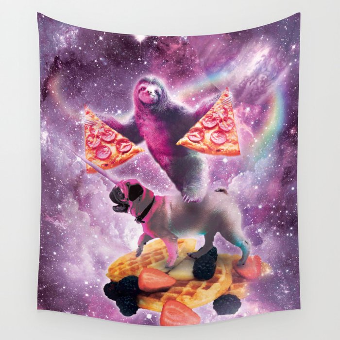 Space Pizza Sloth On Pug Unicorn On Waffles Wall Tapestry