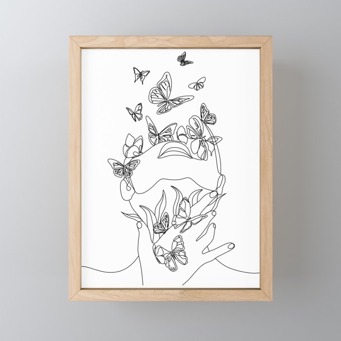 Woman face with butterfly. Line art female hands with butterflies. Abstract face with butterfly by one line drawing. Portrait minimalistic style. Botanical print. Nature symbol of cosmetics.  Framed Mini Art Print