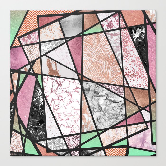 Geometrical rose gold pink black white marble shapes Canvas Print