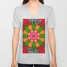 Colored round floral mandala on a red, green and yellow colors. Vintage illustration.  V Neck T Shirt