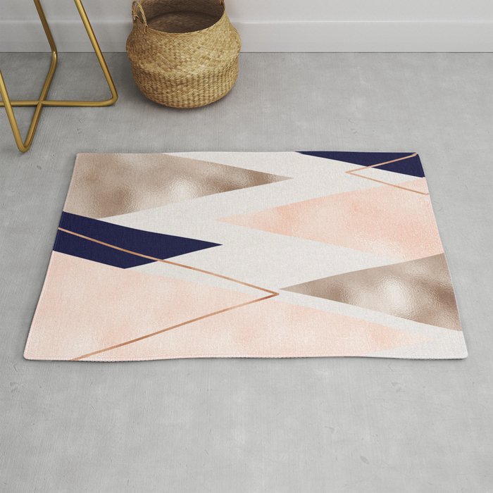 Rose Gold French Navy Geometric Rug By, Navy Geometric Rug