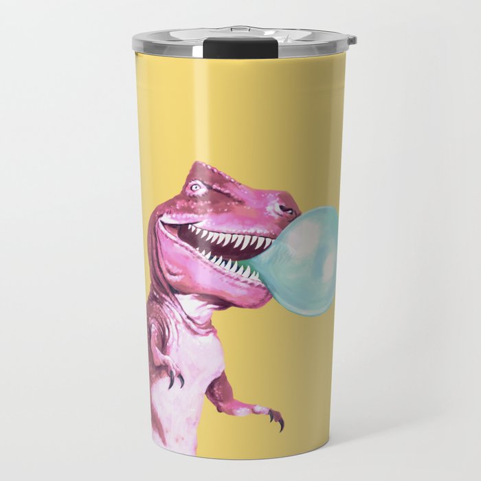 Bubble Gum Pink T-rex in Yellow Travel Mug