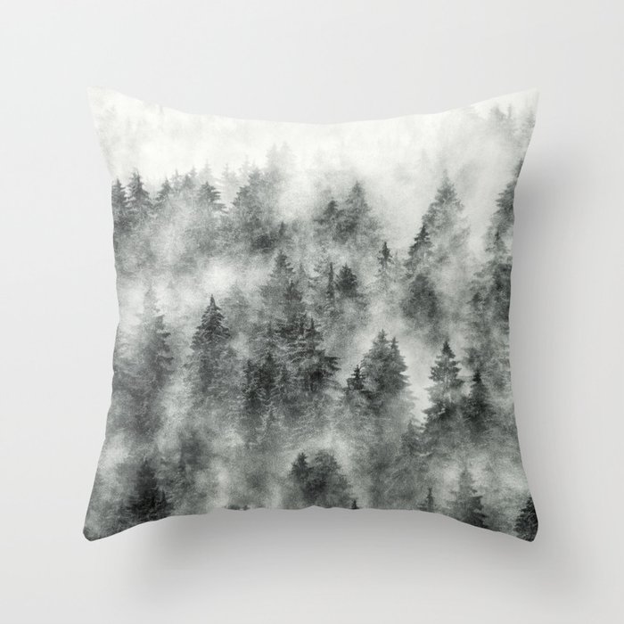 Everyday // Misty Foggy Moody Wild Fairytale Cascadia Trees Dark Forest Covered In Magic Fog Series Throw Pillow