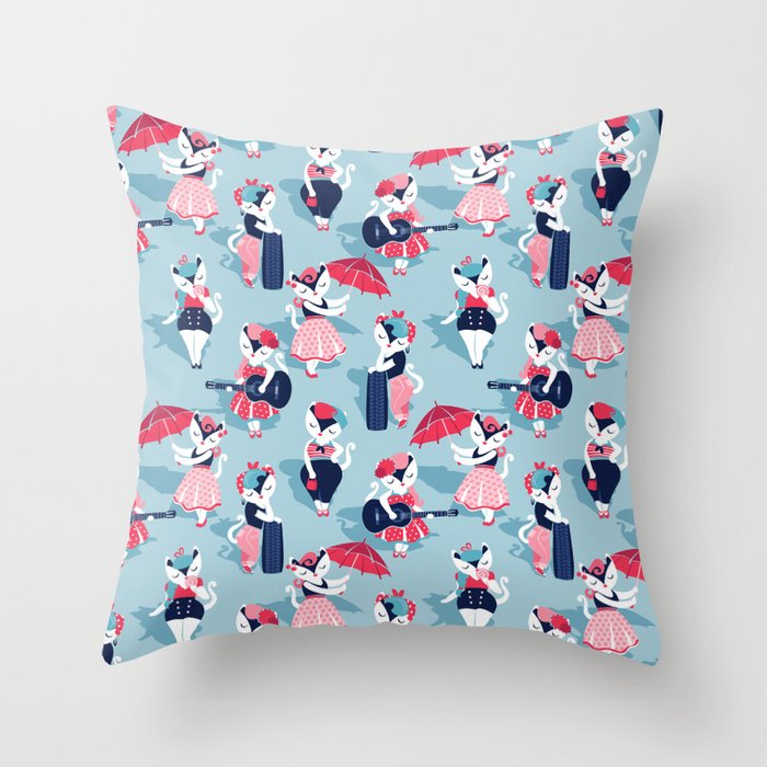 Rockabilly cats // pastel blue background white pin-up cats in fancy red pink and navy blue outfits Throw Pillow