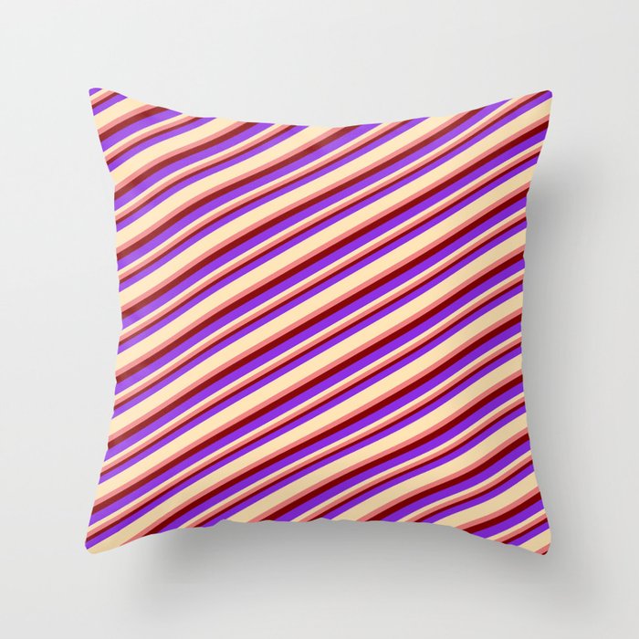 Purple, Beige, Light Coral & Maroon Colored Lined/Striped Pattern Throw Pillow