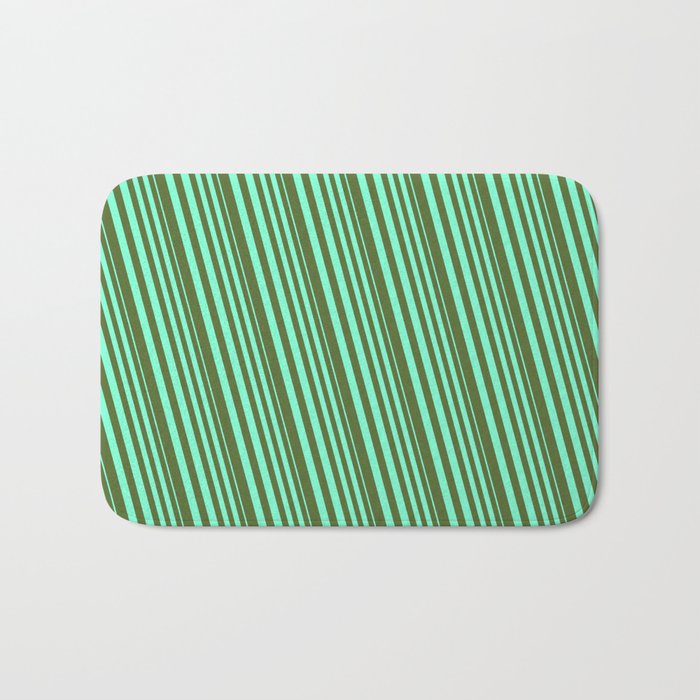 Aquamarine & Dark Olive Green Colored Lines/Stripes Pattern Bath Mat