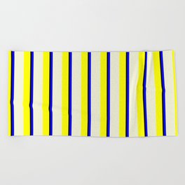 [ Thumbnail: Yellow, Beige, Blue, and Black Colored Lines Pattern Beach Towel ]