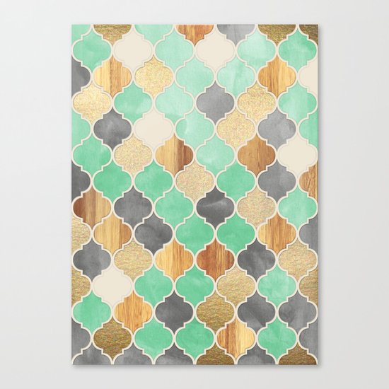 Charcoal, Mint, Wood & Gold Moroccan Pattern Canvas Print