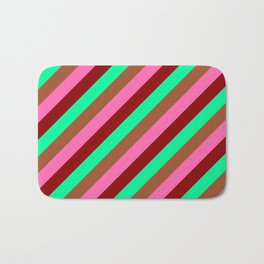 [ Thumbnail: Green, Sienna, Hot Pink, and Dark Red Colored Lined/Striped Pattern Bath Mat ]