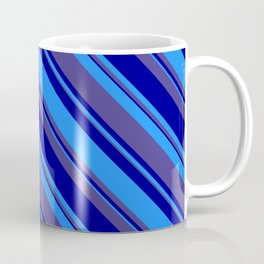 [ Thumbnail: Dark Slate Blue, Dark Blue & Blue Colored Stripes Pattern Coffee Mug ]