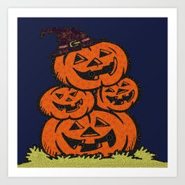 Witchy Stacked Jack O' Lantern Art Print | Pumpkin, Drawing, Digital, Halloween 