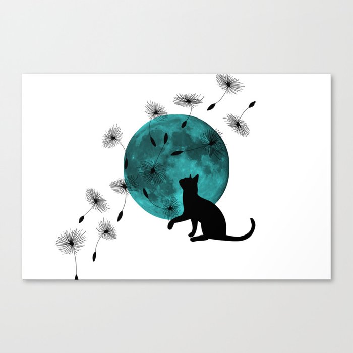 Turquoise Moon black Cat dandelions Canvas Print