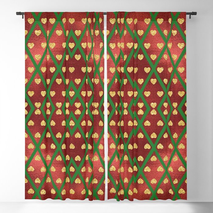 Gold Hearts on a Red Shiny Background with Green Crisscross  Diamond Lines Blackout Curtain