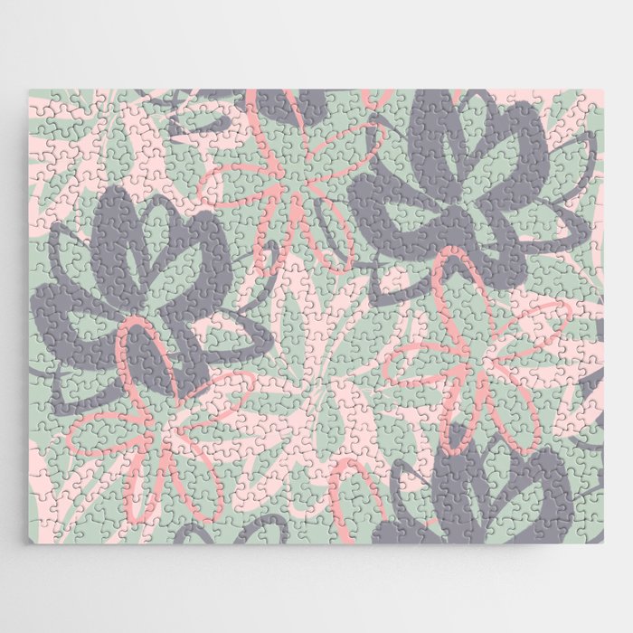 Lotus Garden Painted Floral Pattern 2 in Lavender, Pink, and Light Sage Green Jigsaw Puzzle