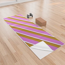 [ Thumbnail: Dark Goldenrod, Orchid, Mint Cream & Maroon Colored Lines Pattern Yoga Towel ]