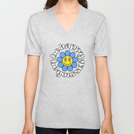 Smiling flower with phrase Be happy, Be yourself V Neck T Shirt