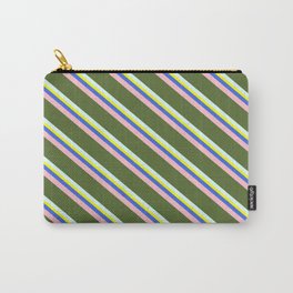 [ Thumbnail: Colorful Yellow, Royal Blue, Pink, Dark Olive Green, and Light Cyan Colored Lined/Striped Pattern Carry-All Pouch ]