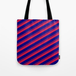 [ Thumbnail: Crimson and Blue Colored Lines/Stripes Pattern Tote Bag ]